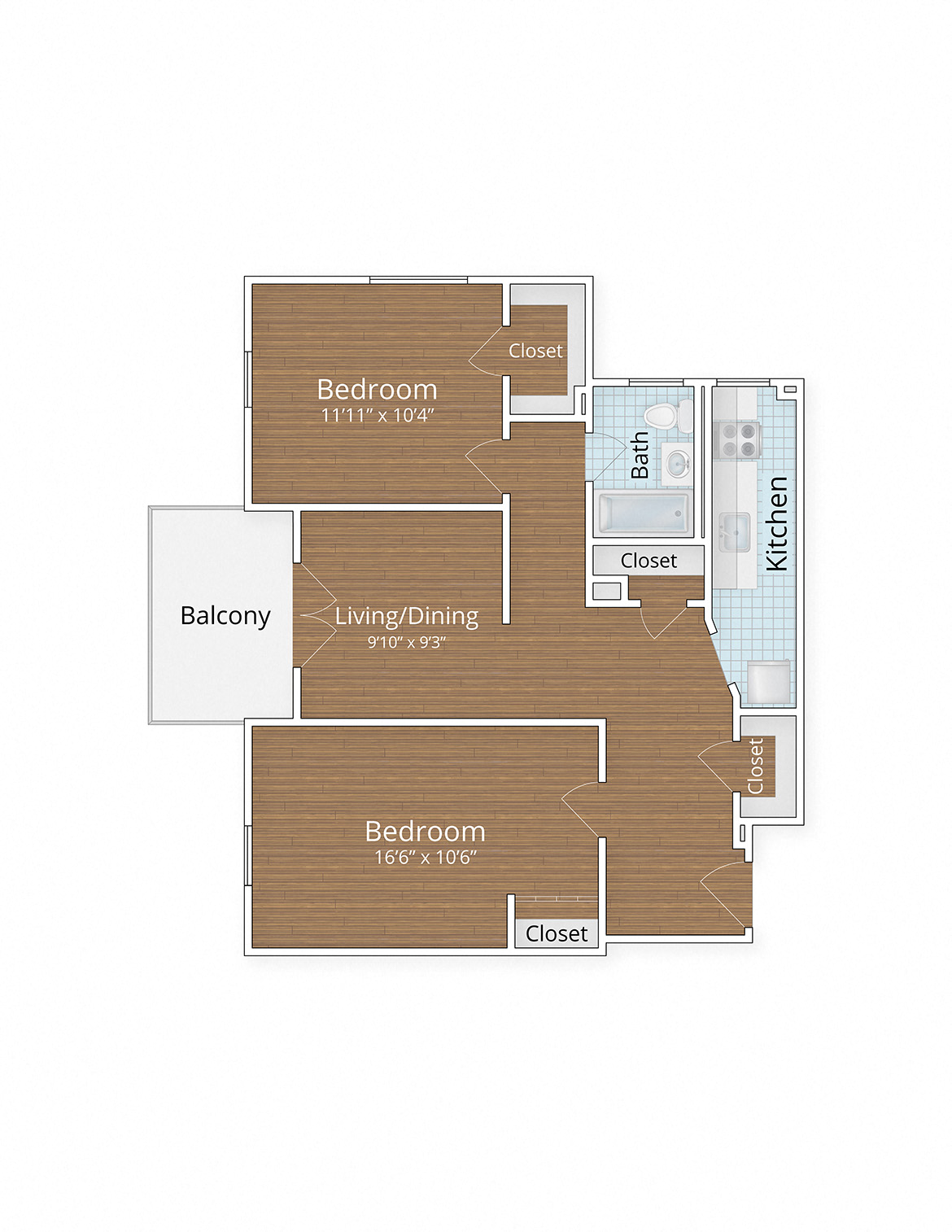 Floor plan for 2 beds, 1 bath, 773 sqft